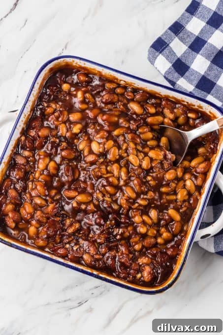 Sweet & Savory Bean Bake 6 A baking dish full of homemade beans, bubbling hot from the oven.