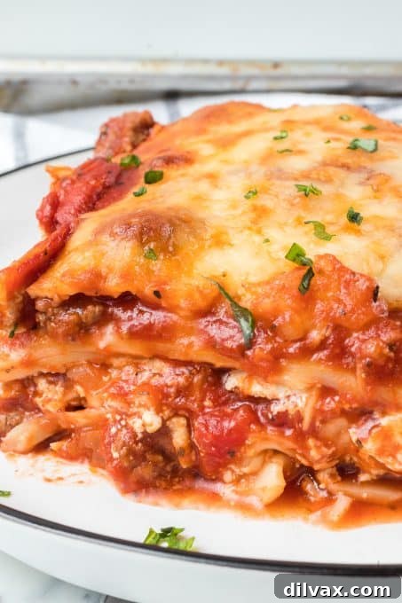 A stunning top-down view of the baked Lasagna with Cottage Cheese, featuring a golden, bubbly cheese crust and vibrant tomato sauce.