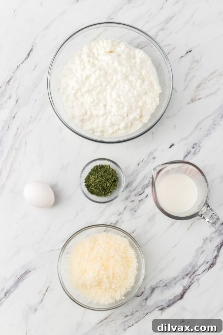 The ingredients for the creamy cottage cheese filling, including a large egg, full-fat cottage cheese, grated Parmesan, dried parsley, and shredded mozzarella.