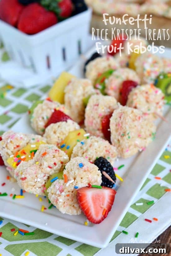 More Than 25 Creative Back to School Lunch Ideas 14 Skewers of colorful Funfetti Rice Krispie treats alternating with fresh fruit, making a delightful snack.