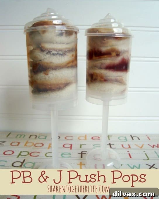 More Than 25 Creative Back to School Lunch Ideas 20 Peanut butter and jelly sandwiches presented in a fun push pop container, making them easy and mess-free to eat.