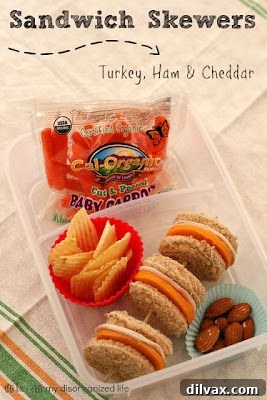 More Than 25 Creative Back to School Lunch Ideas 24 Colorful skewers featuring rolled turkey and ham slices with cheddar cheese cubes, a fun and easy-to-eat sandwich alternative.