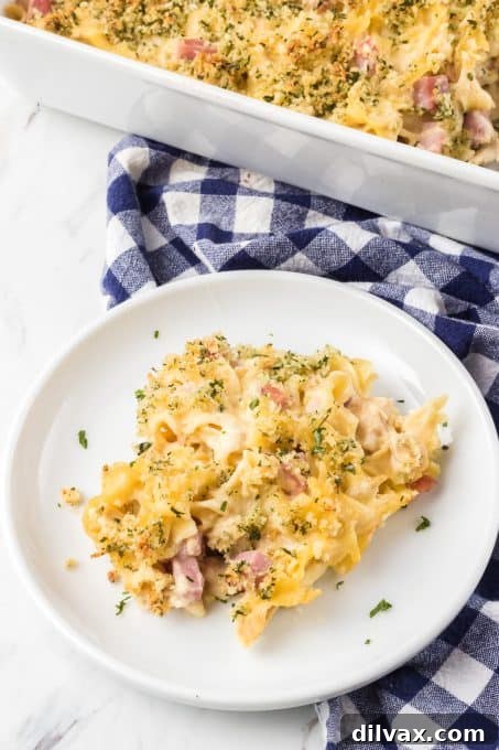 A plate of a Chicken Casserole with ham and Swiss cheese.