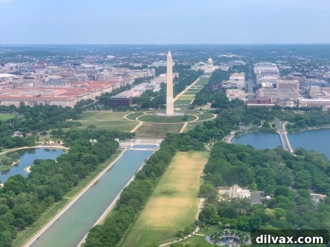 Your Cinco de Mayo Fiesta Guide 3 Scenic aerial view of Washington, D.C. from an airplane, featuring iconic landmarks and the Potomac River.