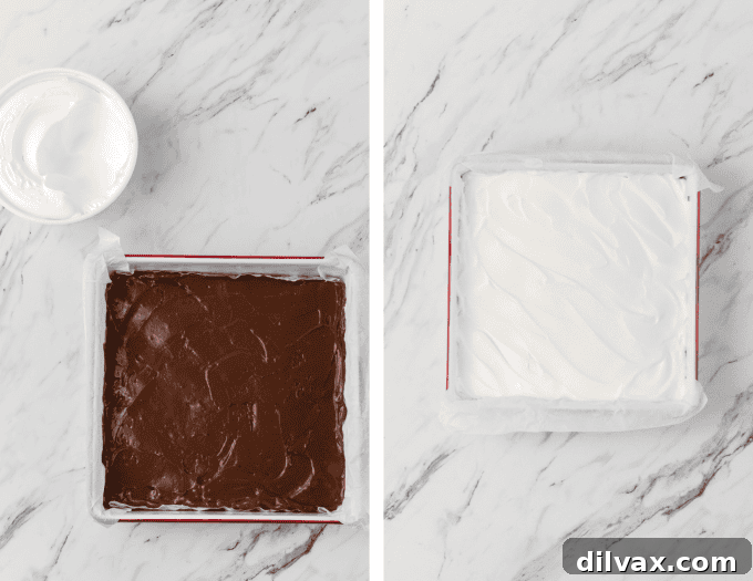 Second set of process photos for no bake Chocolate Dream Bars.