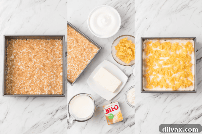 Pina Colada Bliss Bars 5 Pina Colada Dream Bars process photos showing layers