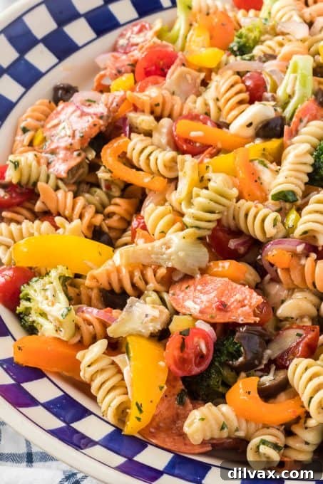 Vibrant Italian Pasta Medley 3 Tri-colored rotini pasta creates a visually appealing and delicious Italian pasta salad for a hot summer day.
