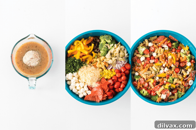 Vibrant Italian Pasta Medley 5 Step-by-step process of assembling an Italian Pasta Salad, showing ingredients being combined.