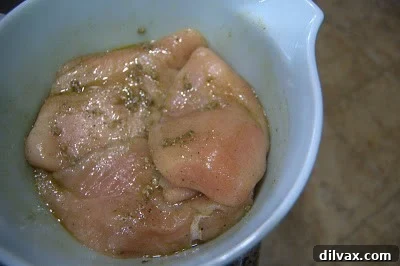 Seasoned chicken breasts in a bowl, coated with herbs and oil, ready for roasting.