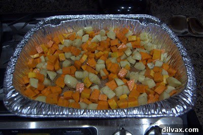 Day 262 Delights: Roast Chicken, Sweet Butternut Squash, and Crispy Potatoes 6 Roasting pan with seasoned chicken, butternut squash, and potatoes