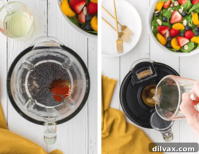 Creamy Poppy Seed Dressing 5 Step-by-step process photos showing ingredients being combined in a blender for Poppy Seed Dressing.