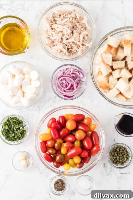 Rustic Chicken Panzanella 4 Ingredients for Chicken Panzanella laid out on a table, including tomatoes, bread, basil, and mozzarella.