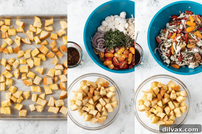 Rustic Chicken Panzanella 6 Process photos showing the steps for making Chicken Panzanella, from cubing bread to combining ingredients.