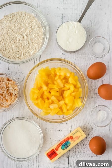 Pineapple Loaf 4 Ingredients laid out for making pineapple bread.