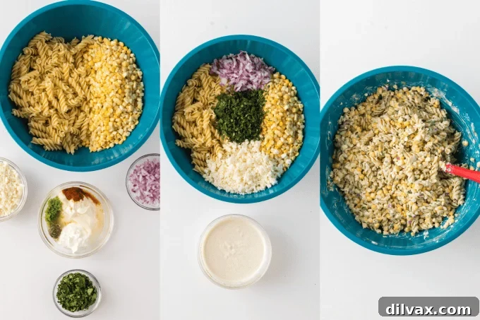 Step-by-step photos showing the preparation of Mexican Street Corn Pasta Salad