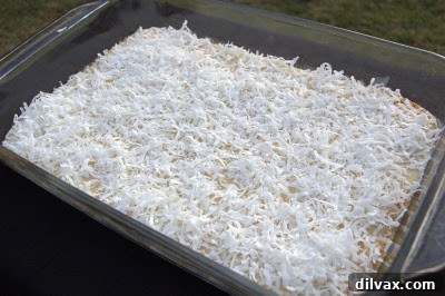 Shredded coconut layered over the condensed milk.
