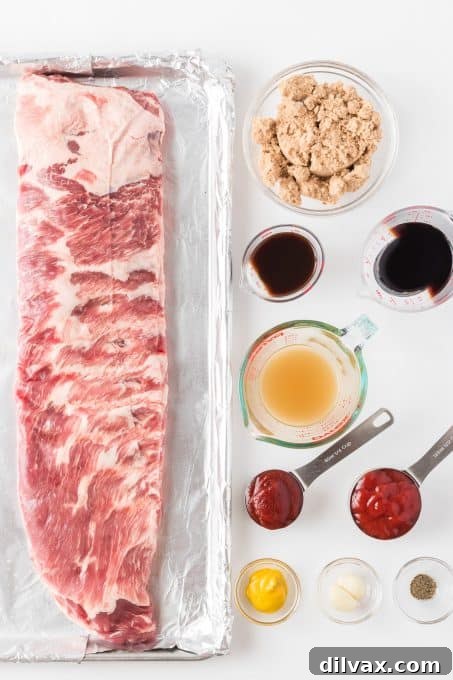 A flat lay photograph of all individual ingredients required for making homemade BBQ Pork Spare Ribs.