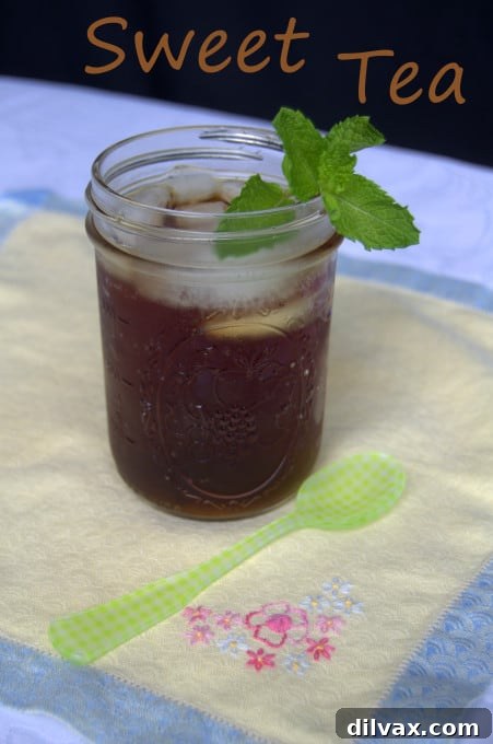 Sweet Southern Brew 3 A delicious and refreshing summertime drink! A close-up of a pitcher of sweet tea with a lemon slice and mint garnish.