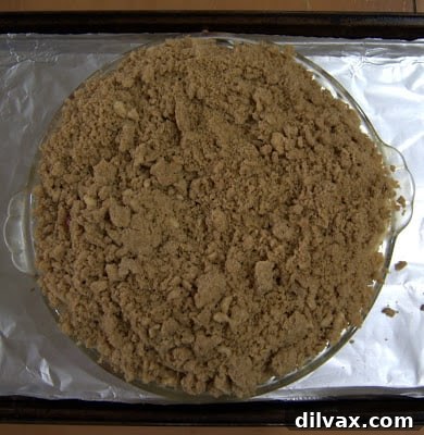 Apple pomegranate crisp with topping, ready for baking