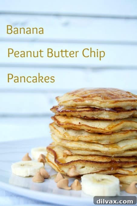 A top-down view of a single Banana Peanut Butter Chip Pancake on a white plate, showcasing the golden color and a few visible peanut butter chips. The pancake is ready to be drizzled with syrup, highlighting its delicious simplicity.