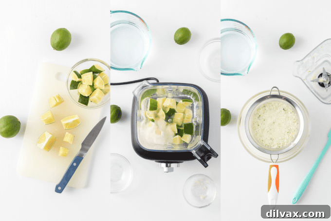 Velvet Lemonade 6 First set of Brazilian Lemonade Process Photos - Sliced limes in a blender.