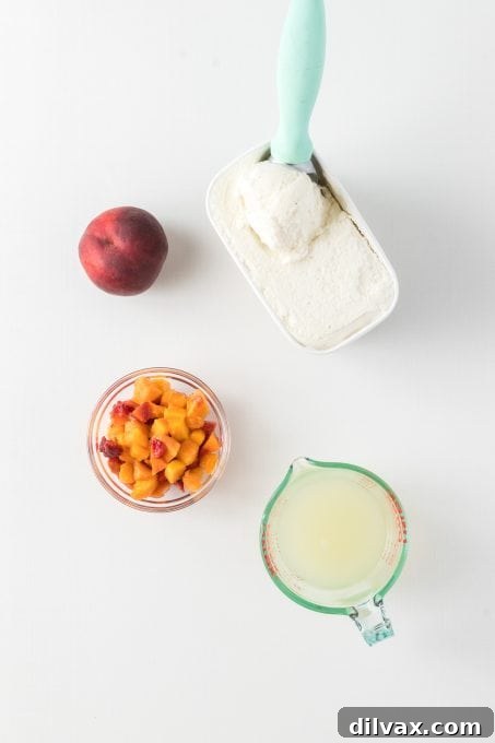 Ingredients for Frosted Peach Lemonade laid out on a table