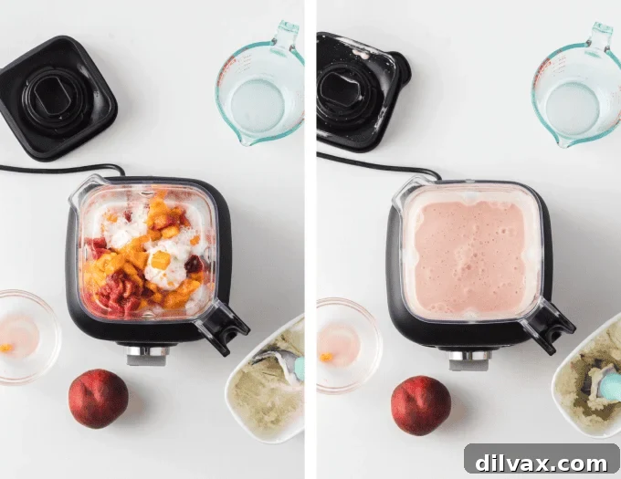 Process photos for Frosted Peach Lemonade showing ingredients being added to a blender.
