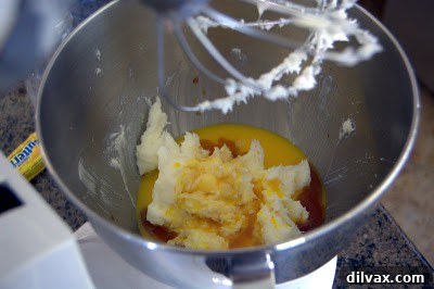 Creamed butter, shortening, and sugar mixture, light and fluffy.