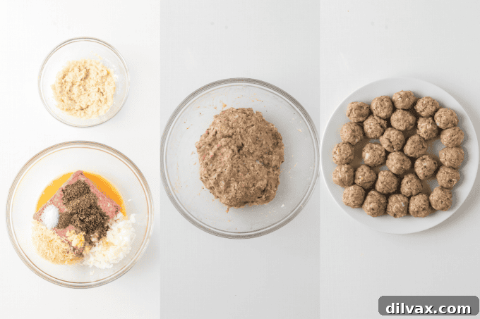 Savory Handcrafted Meatballs 5 First steps of making homemade meatballs: mixing ingredients in a bowl.