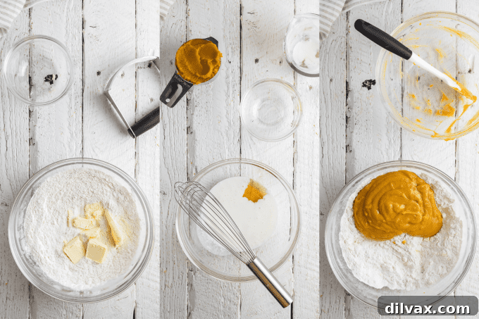 Golden Pumpkin Delights 6 A kitchen counter with baking tools and ingredients for making biscuits.