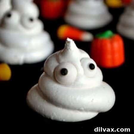 Finished Halloween Ghost Meringues, a delightful and airy treat.