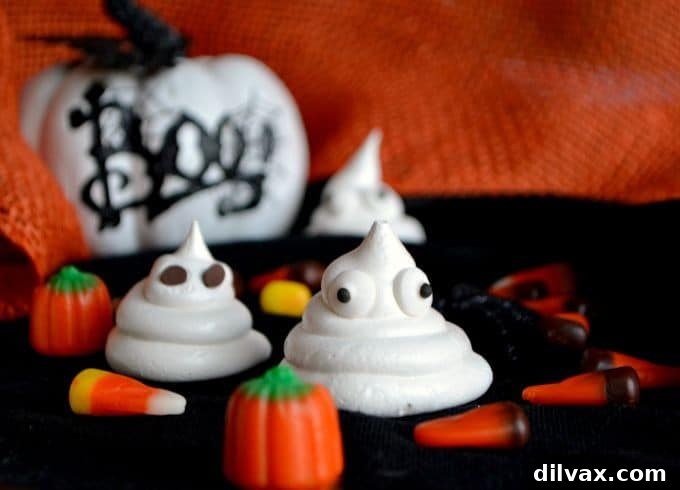 A tray of freshly baked Halloween Ghost Meringues, light and airy.
