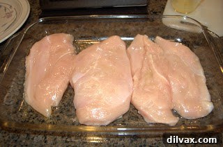Baked Chicken Piccata in baking dish, pre-sauce