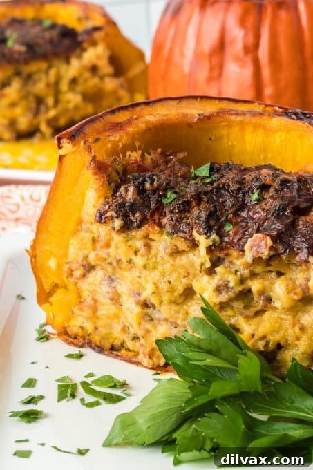 A beautifully presented whole stuffed pumpkin on a cutting board, garnished with fresh herbs.