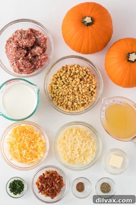 Fresh ingredients laid out for the Stuffed Pumpkin Recipe, including small pie pumpkins, sausage, bacon, cheese, and herbs.