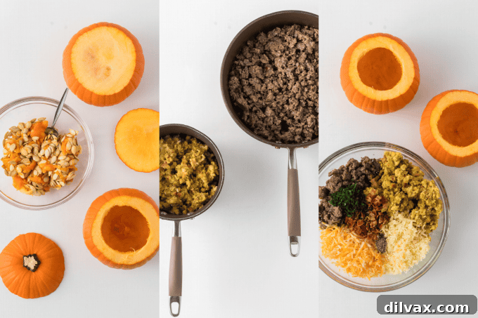 Step-by-step process photos showing how to prepare pumpkins and the stuffing mixture.