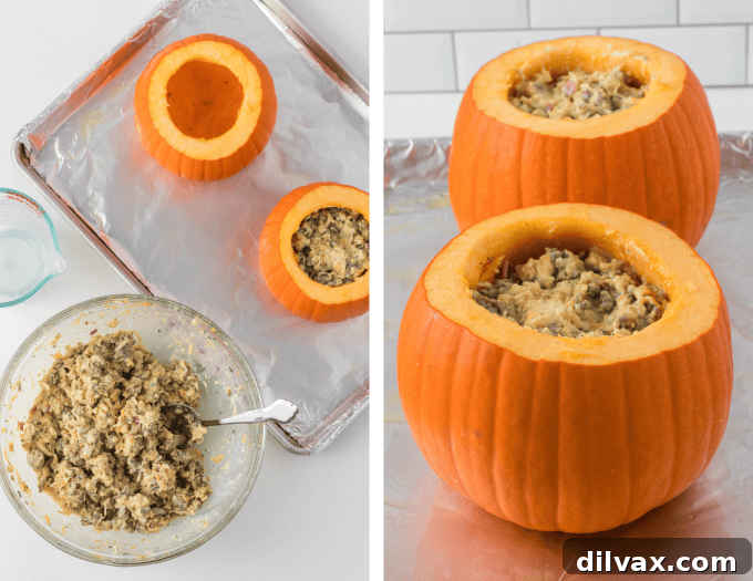 Progress photos illustrating the stuffing and baking steps for the Stuffed Pumpkin Recipe.