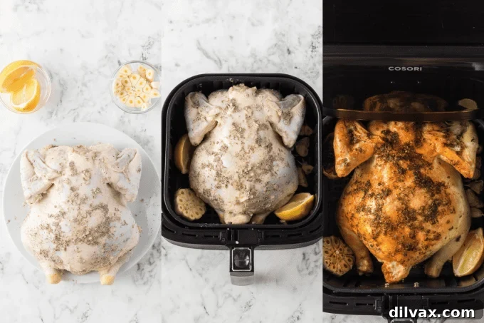 Golden Crispy Air Fryer Whole Chicken 5 Step-by-step process photos for making Air Fryer Whole Chicken.