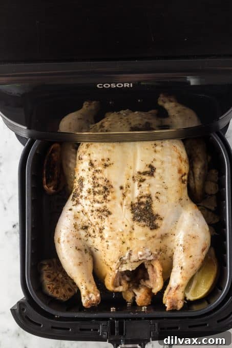 Golden Crispy Air Fryer Whole Chicken 6 A perfectly cooked whole chicken, golden brown and crispy, fresh from the air fryer.