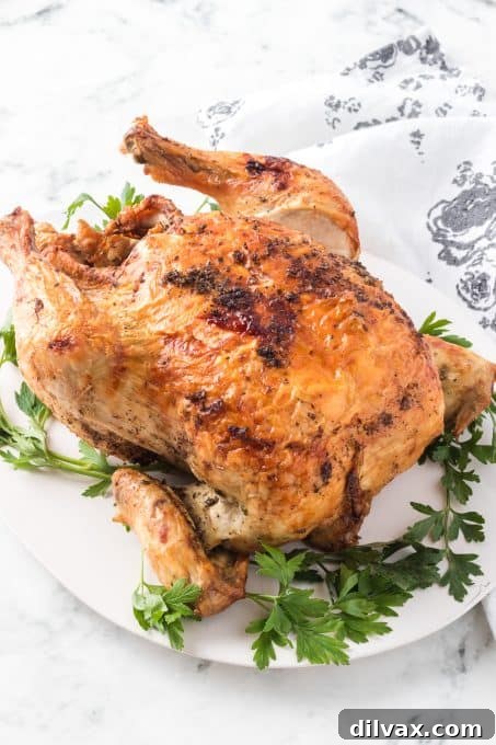 Golden Crispy Air Fryer Whole Chicken 7 Air Fryer Whole Chicken served on a platter, ready to be carved.