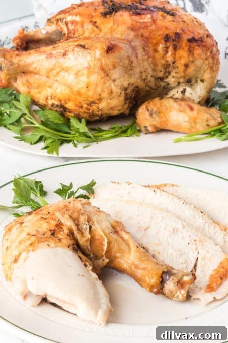 Golden Crispy Air Fryer Whole Chicken 8 Slices of moist, tender chicken cooked in an air fryer, revealing juicy meat and crispy skin.