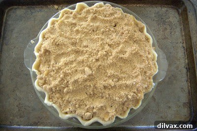 Crumb topping spread evenly over the apple filling