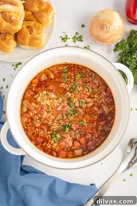 Unstuffed Pepper Soup 7 A pot of hearty soup with peppers, ground beef and onions.