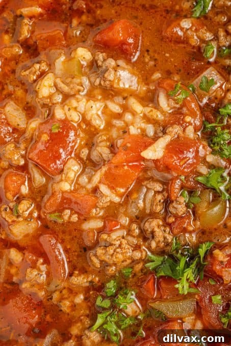 Unstuffed Pepper Soup 8 Rice, ground beef, chopped bell peppers, tomatoes and onions in a hearty soup.