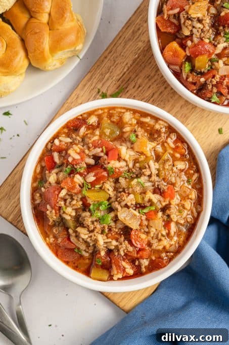 Unstuffed Pepper Soup 9 Pepper soup with rice, onions and ground beef.