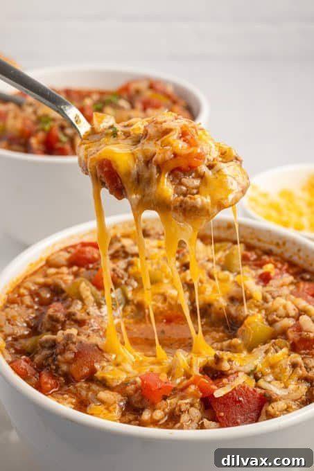 Unstuffed Pepper Soup 10 A cheesy spoonful of bell pepper soup.