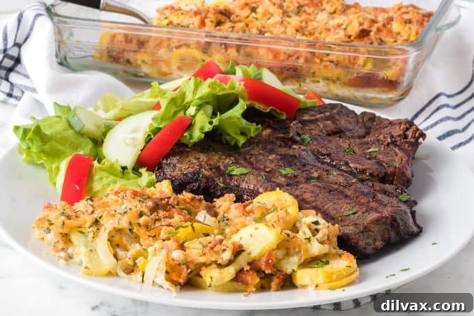 Golden Squash Bake 2 Yellow Squash Casserole, a creamy and cheesy side dish.