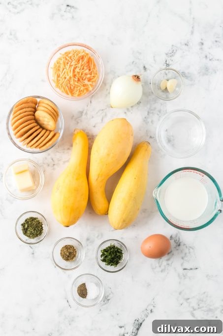Golden Squash Bake 4 Fresh ingredients laid out for preparing Yellow Squash Casserole, including sliced squash, onions, garlic, and cheese.