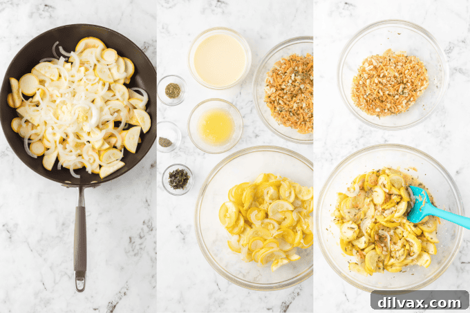 Golden Squash Bake 5 Process photos demonstrating how to prepare the Yellow Squash Casserole, from sautéing vegetables to mixing ingredients.