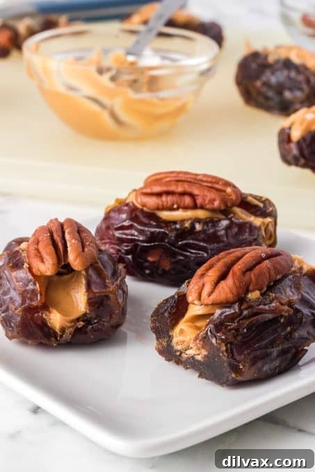 Dates and Peanut Butter snack on a plate